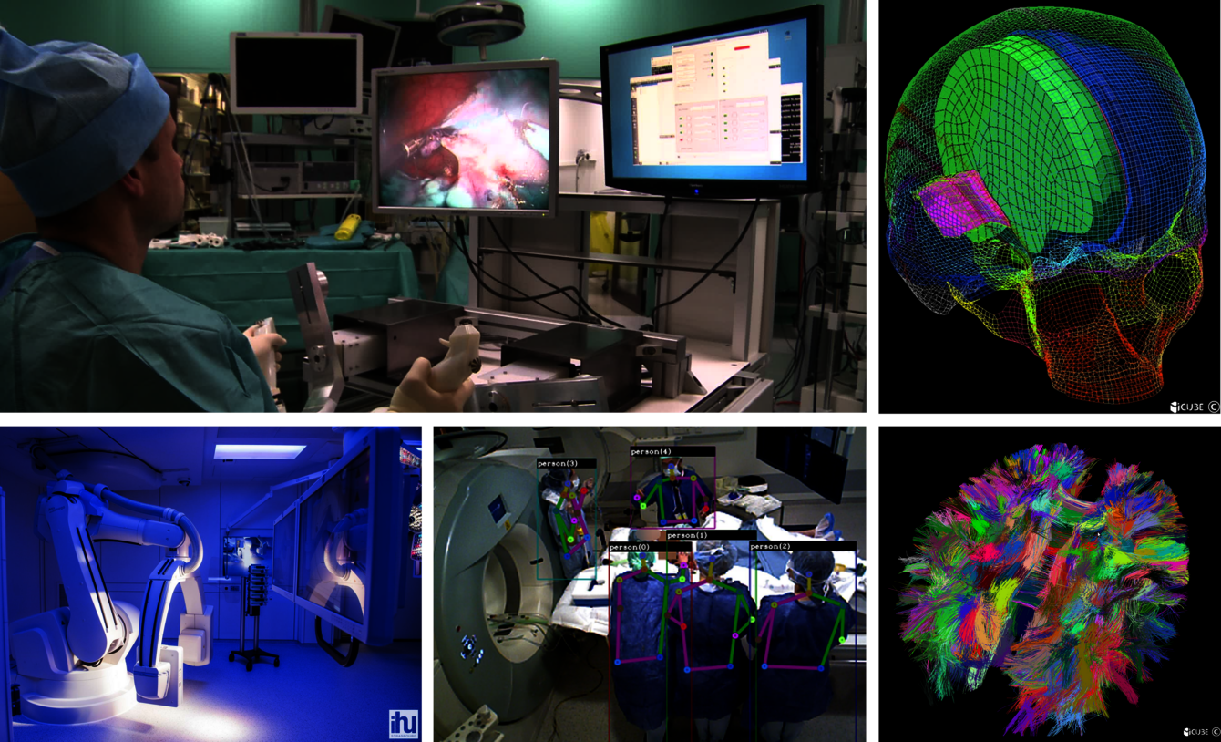 Illustrations of some of the thematics of HealthTech: medical robotics, medical image processing, medical data science, ...