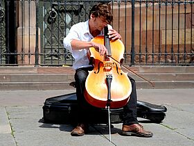 Photograph of a talented musician playing the cello in the center of Strasbourg